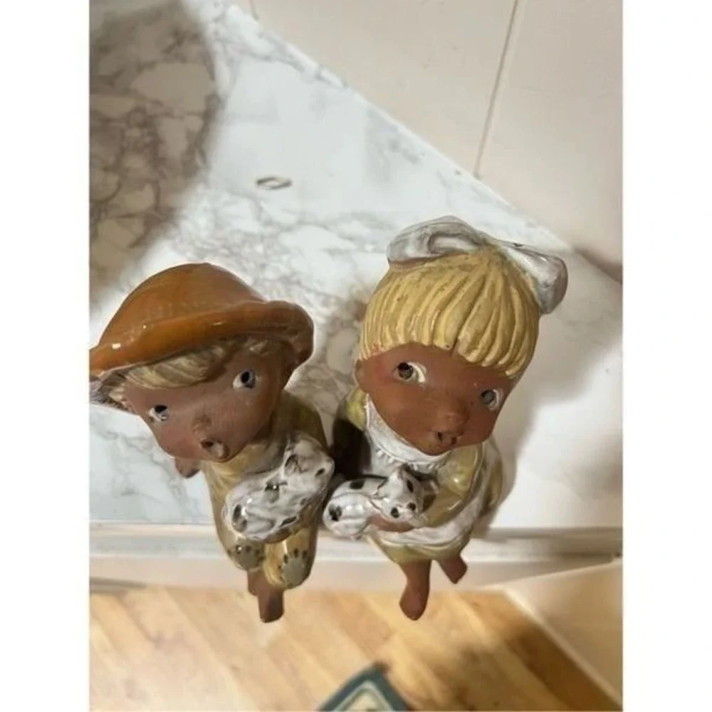 Vintage Handmade Ceramic Seated Boy & Girl with Cats 6